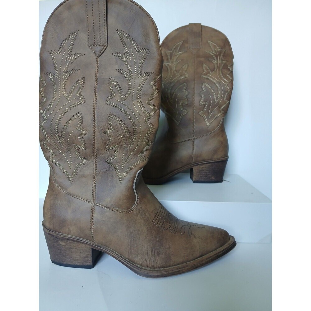 Global Win Western Cowboy Boots Brown Embroidered Mid Calf Women's Size 5.5